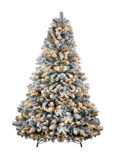 6.5 ft Snow Flocked Christmas Tree with 250 Warm White Lights, Pre-lit Artificial Tree for Holiday, Realistic 1032 Branch Tips, Metal Stand and Hinged Branches, Party Xmas Decoration for Home, Office | Amazon (US)