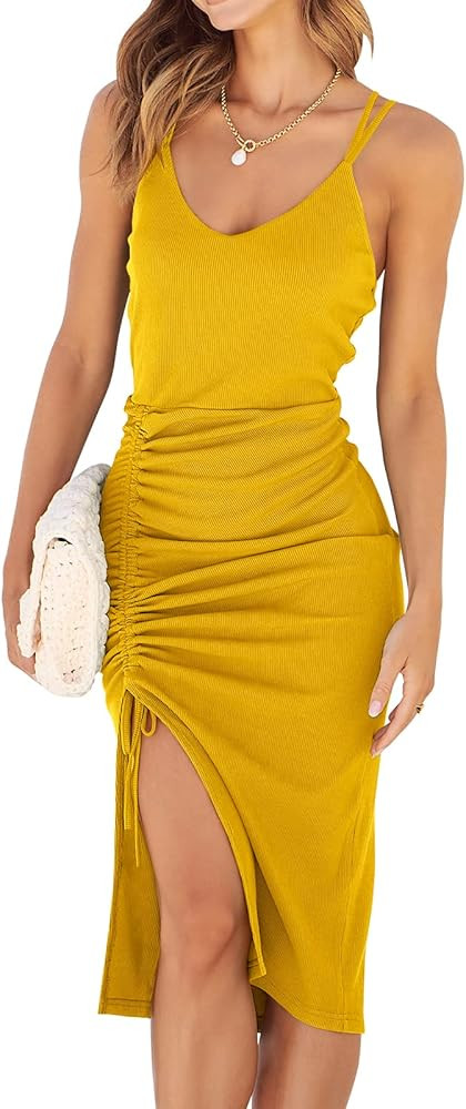 ANRABESS Women’s Summer Spaghetti Strap Scoop Neck Sleeveless Ruched Bodycon Split Party Midi D... | Amazon (US)