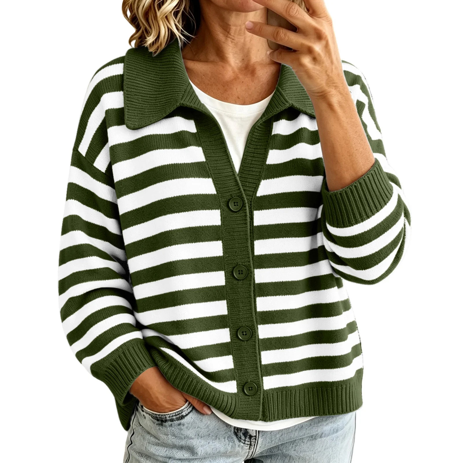 Rrxhxhs Cardigan Sweaters for Women Striped Button Front Collared 3/4 Sleeve Loose Casual Cover Up,Army Green,L - Walmart.com | Walmart (US)