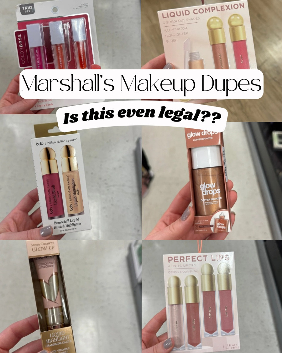 Marshall’s Makeup Dupes

Rare Beauty Blush and Highlighter Dupe 
-Billion Dollar Beauty Liquid Complexion
-$6.99 for all three of these
-Dupe for happy
-It is $23-25 each for rare beauty’s blushes and illuminators

Rare Beauty Blush and Highlighter Dupe
-Billion Dollar Beauty Bombshell Liquid Blush & Highlighter
-$6.99 for a two pack
-Dupe for Grace
-It is $23-25 each for rare beauty’s blushes and illuminators

Rare Beauty Lip Oil Dupes
-Billion Dollar Beauty Perfect Lips
-$6.99 for a FOUR pack
-Dupe for Delight and Hope
-It is $20 each for Rare Beauty’s Lip Oils. This saves you $82!!

Charlotte Tilbury Highlighter Dupe
-Beauty Concepts Glow Up
-$5.99
-Same shape and applicator
-Charlotte’s is $42 This is a huge difference!

Hour Glass Concealer Dupe
-Flower Light Illusion Dupe
-$4.99
-Hourglass is $36. Manny MUA says they are very similar, but a little less coverage.

Dibs Blush and Bronzer Dupe
-Billion Dollar Beauty Ultimate Complexion Kit
-This specifically is a dupe for dibs brush and bronzer stick
-Dibs is $36 and this entire set is only $15

Dior Beauty Lip Oil Dupe
-Color Base Ultra Glossy Lip Oil Trio
-$7.99 for 3 lip oils
-$40 per Dior lip oil vs $7.99 for three!!

Drunk Elephant Bronzing Drops Dupe
-Glow Drops
-$5.99
-$5.99 vs $38
