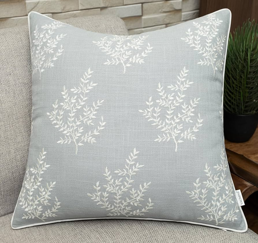 VAGMINE Embroidered Fern Botanical 18x18 Throw Pillow Cover - Blue Grey Cotton Square Cushion for... | Amazon (US)