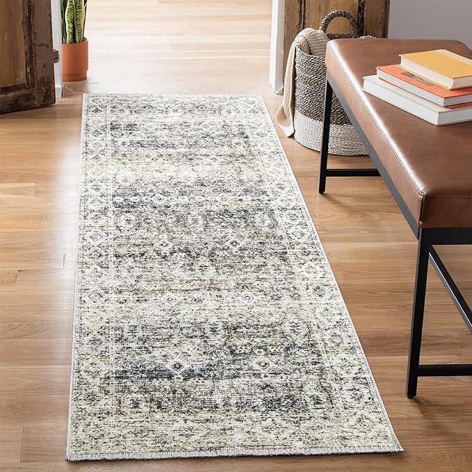Bloom Rugs Caria Washable Non-Slip 7 ft Runner - Beige Brown/Teal Traditional Runner for Entryway... | Amazon (US)