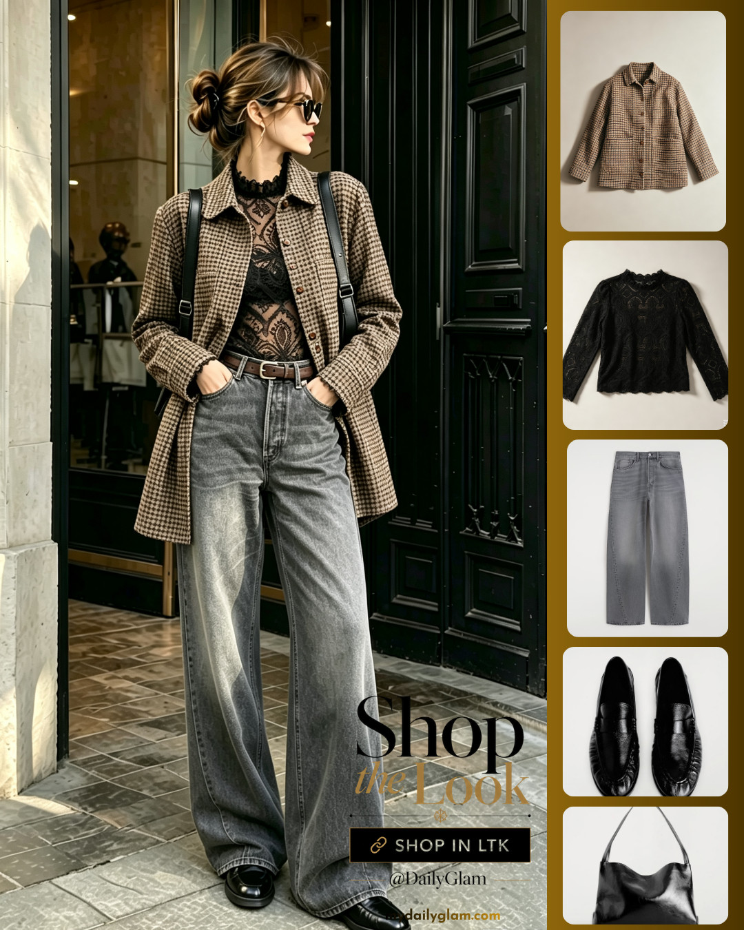 Chic Fall Houndstooth Shirt Jacket Outfit | Lace Top + Wide Leg Grey Jeans

#HoundstoothJacket #FallCasualOOTD #WideLegJeans #LaceTop #FallStreetStyle #TransitionalOutfit #NeutralFall 

 #LTKootd #LTKOver40 #LTKWorkwear