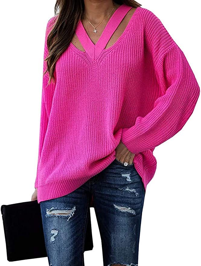 Cicy Bell Women's V Neck Sweaters Hollow Out Long Sleeve Casual Knit Pullover Jumper Tops | Amazon (US)