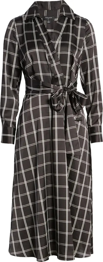 Windowpane Tie Front Satin Shirtdress | Nordstrom
