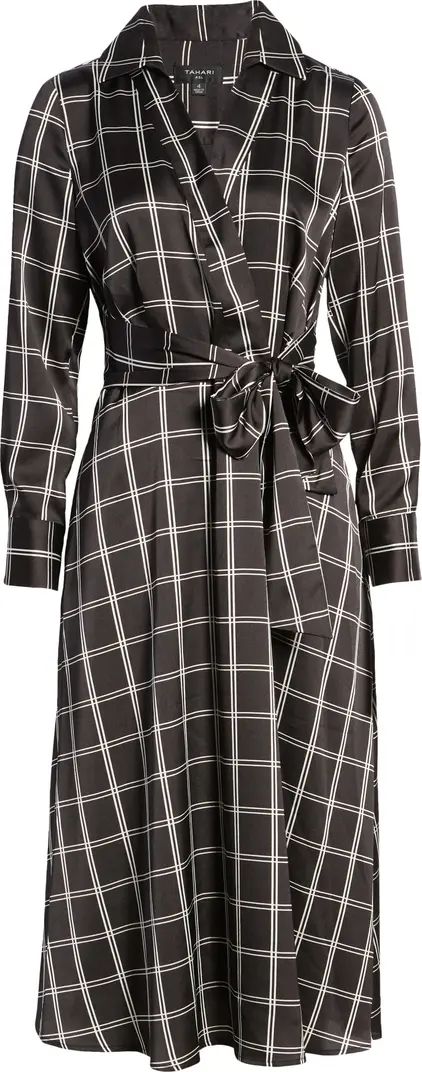 Windowpane Tie Front Satin Shirtdress | Nordstrom