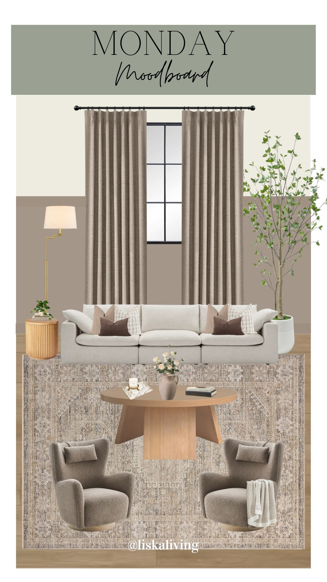 ✨MONDAY MOODBOARD - LIVING ROOM✨ 

This couch looks so plush and comfy, like I could just fall into it like a cloud. I was looking at different paint colors last night and fell in love with this “Sticks & Stones” by @sherwinwilliams. The top half is Swiss Coffee by @benjaminmoore.  This wall is very simple with only a chair rail, but the added detail gives the room character without feeling busy! I love pulling in decor in the same color family to give a room a cohesive look.
.
.
.
.
.
.
.

#mondaymoodboard #moodboardaccount #moodboardinterior #moodboardpage #moodboardinspiration #designboard #interiordesign #homestyling #homestylinginspo #livingroom #livingroomdesign #warmneutrals #swcolorlove #modernorganic #earthyorganic #earthyaesthetic

#LTKHome #LTKStyleTip