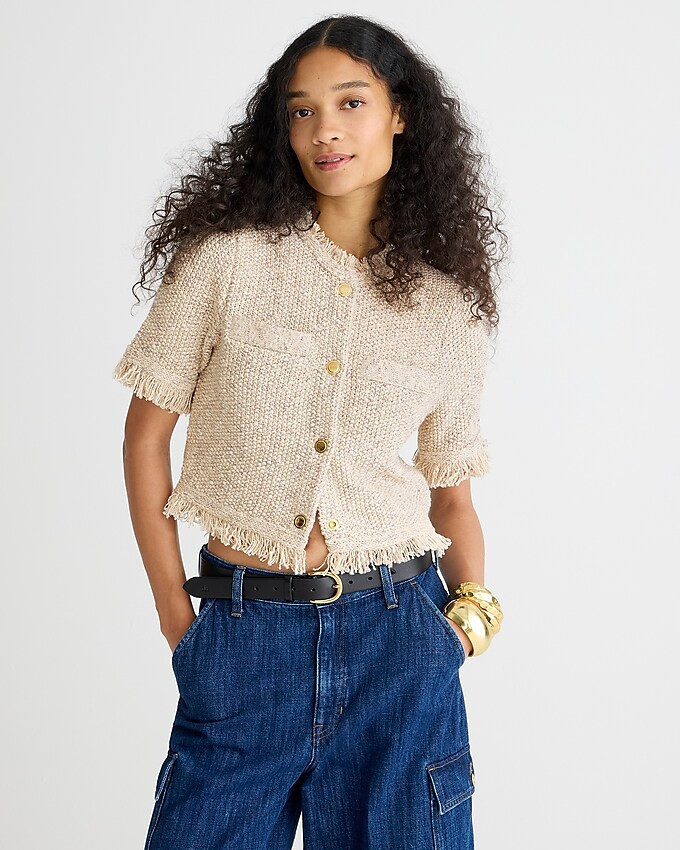 Fringe-trim short-sleeve cropped lady jacket in marled yarn | J. Crew US