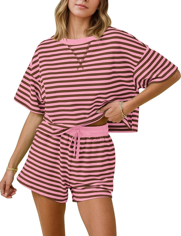 MISSACTIVER Womens Lounge 2 Piece Sets Summer Striped Matching Pajamas Set Short Sleeve Oversized... | Amazon (US)