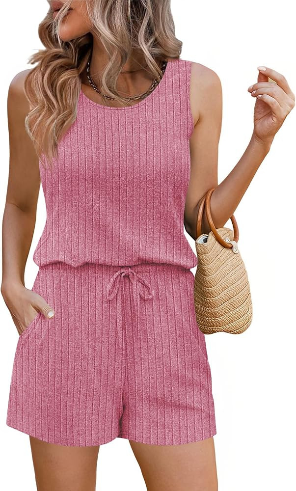 Ekouaer Rompers for Women Summer 2026 Casual Sleeveless Scoop Neck Tank Top Ribbed Short Jumpsuit... | Amazon (US)