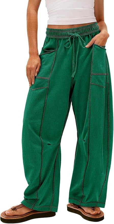 Arssm Womens Baggy Wide Leg Pants Drawstring Barrel Pants Summer Casual Beach Lounge Trousers | Amazon (US)