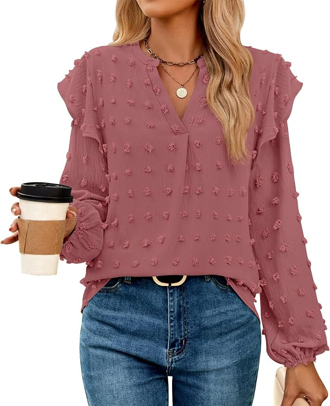 ZESICA Womens Ruffle Long Sleeve Chiffon Blouses V Neck Swiss Dot Fall Shirts Dressy Casual Tunic... | Amazon (US)
