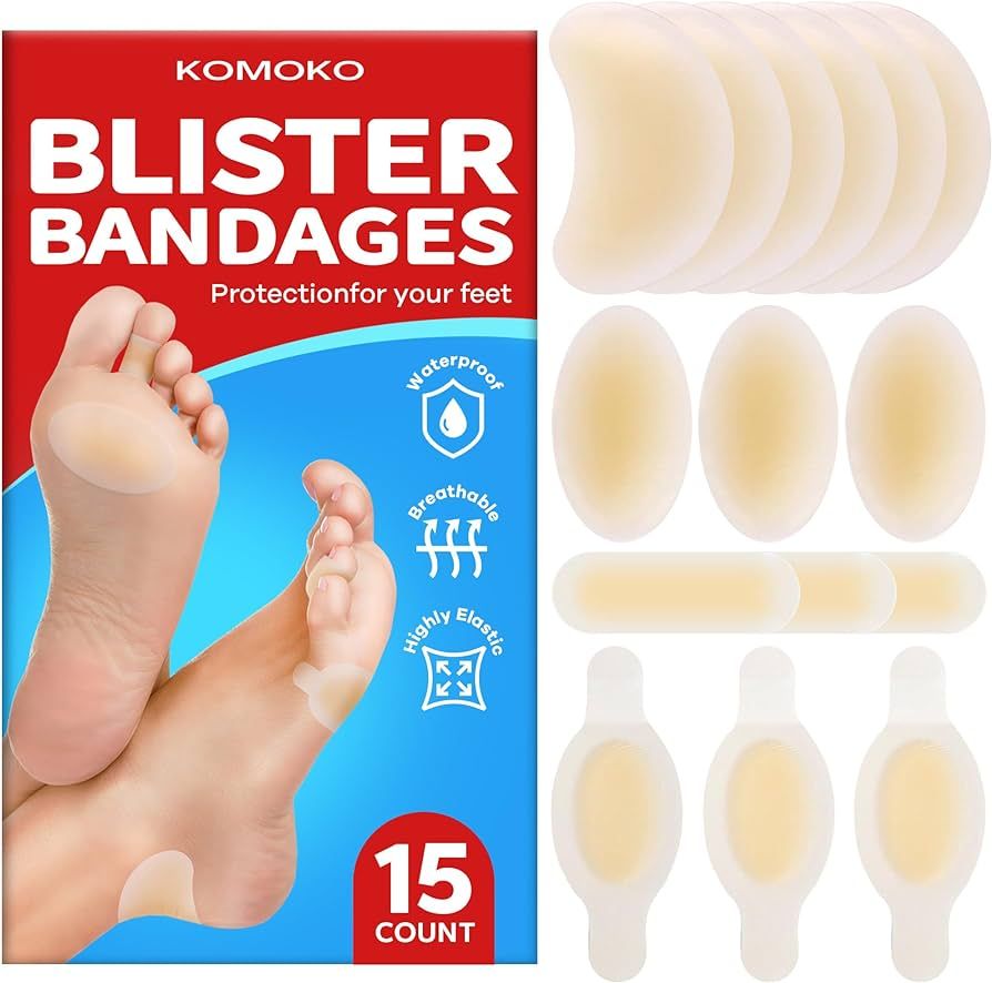 Komoko Blister Bandages for Feet (15 Count), Waterproof Hydrocolloid Blister Bandages, Ultra-Thin... | Amazon (US)