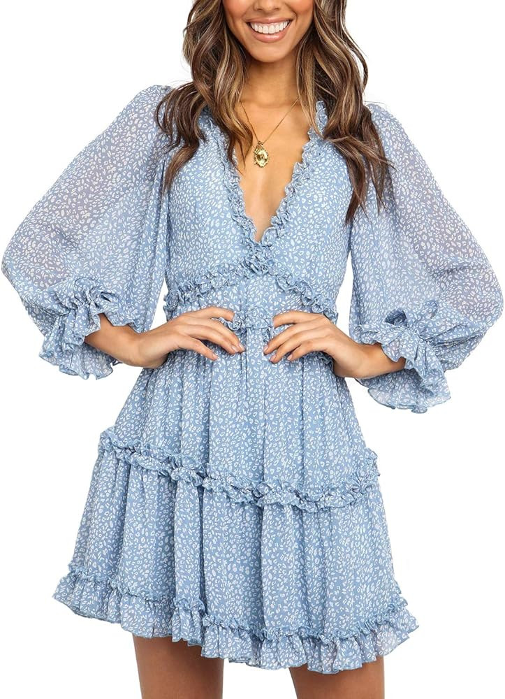 Boho Ruffle Floral Print Dress Long Sleeve Deep V Neck Backless Swing Mini Dresses for Women Part... | Amazon (US)