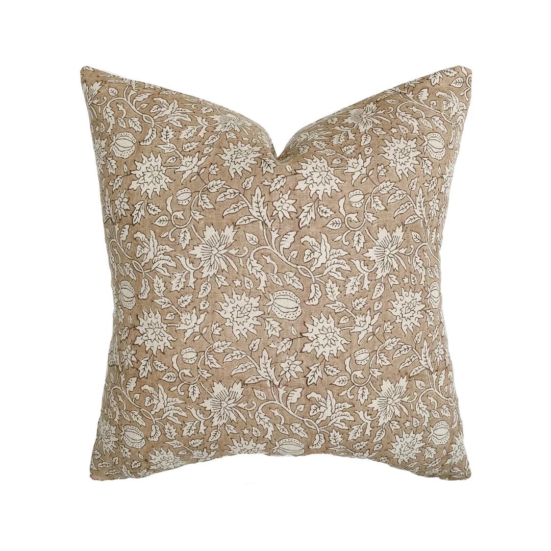 Mae | Dusty Rose Floral Handblock Linen Pillow Cover | Blush Designer Fabric | Neutral Home Decor... | Etsy (US)