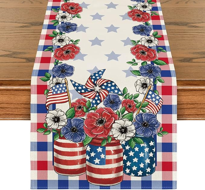 Artoid Mode Buffalo Plaid Vases Flowers Patriotic Memorial Day 4th of July Table Runner, Independ... | Amazon (US)