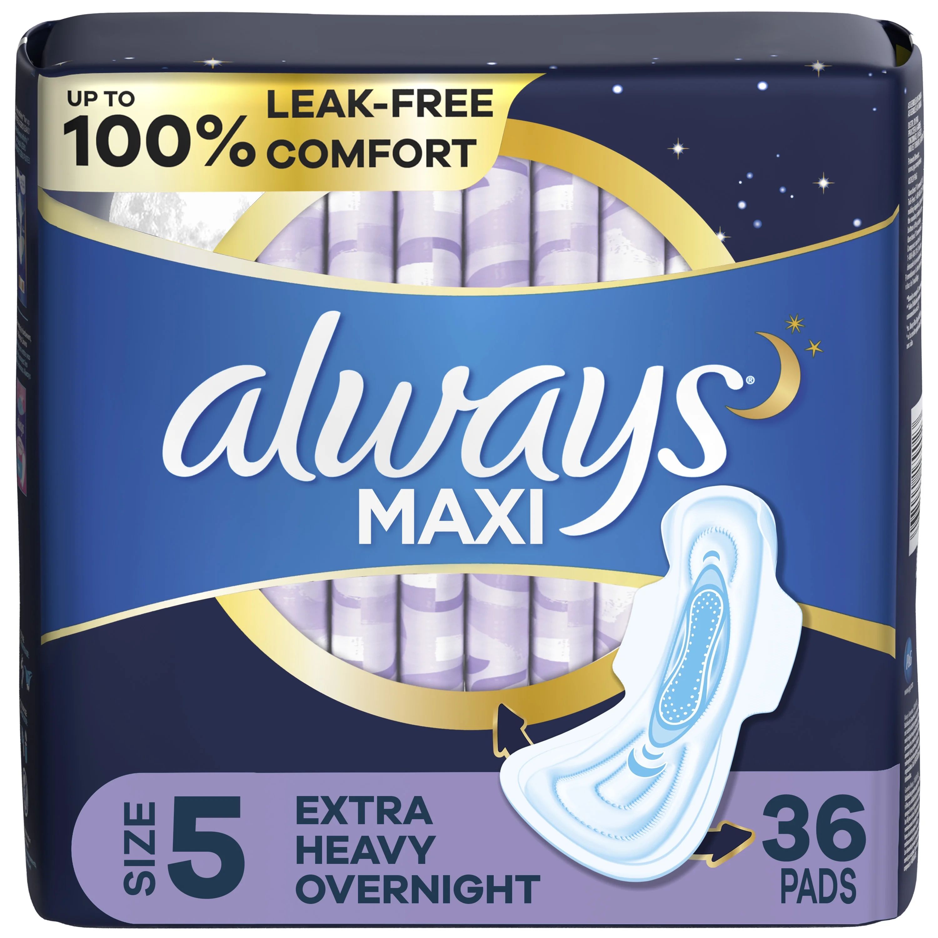 Always Maxi Pads with Wings, Size 5, Extra Heavy Overnight Absorbency, 36 CT | Walmart (US)