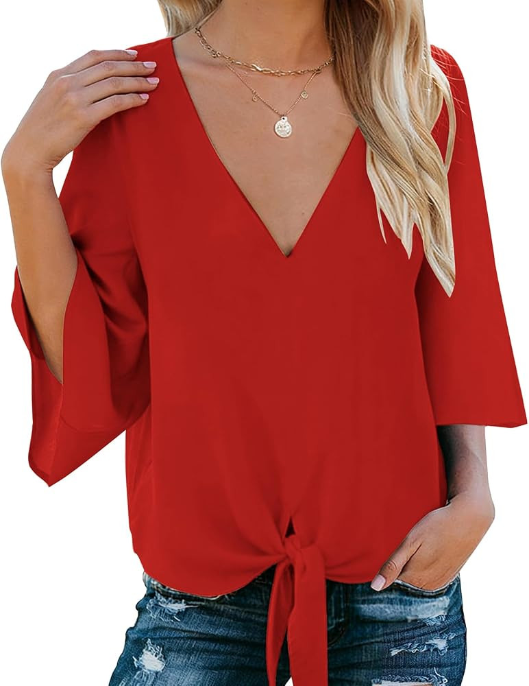 Bluetime Womens Tie Front Tops Bell Sleeve V Neck Casual Cute Summer Blouse | Amazon (US)