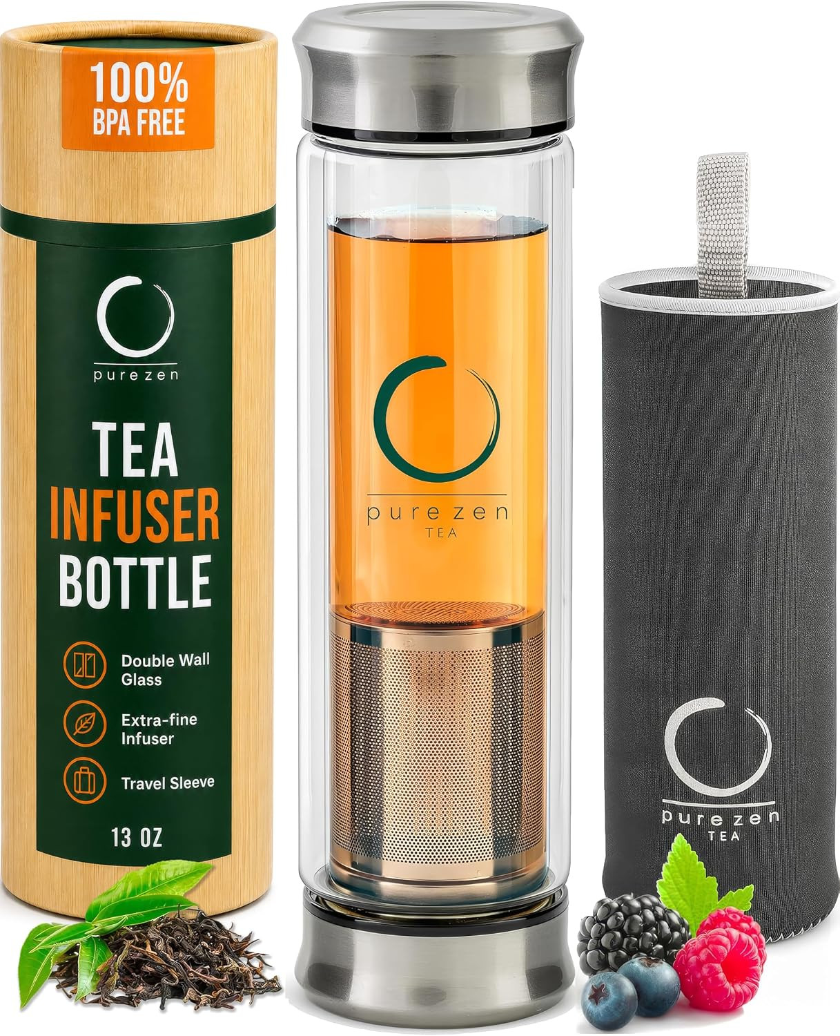 Pure Zen Tea Tumbler with Infuser - Double Wall Glass Travel Tea Mug with Stainless Steel Filter - Leakproof Tea Infuser Bottle with Strainer for Loose Leaf Tea and Fruit Water 13 Ounce | Amazon (US)
