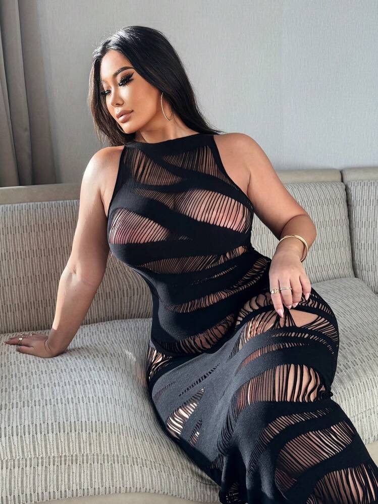 NU&NOW Plus Size Women Sexy Hollow Striped Dress | SHEIN