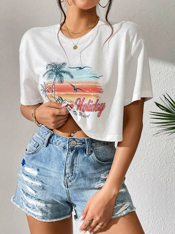 SHEIN WYWH Tropical & Letter Graphic Drop Shoulder Tee | SHEIN USA | SHEIN
