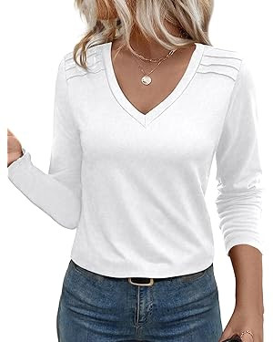 JUSTFASHIONNOW Pleated Long Sleeve Shirts for Women V Neck Dressy Casual Business Blouses Fall To... | Amazon (US)