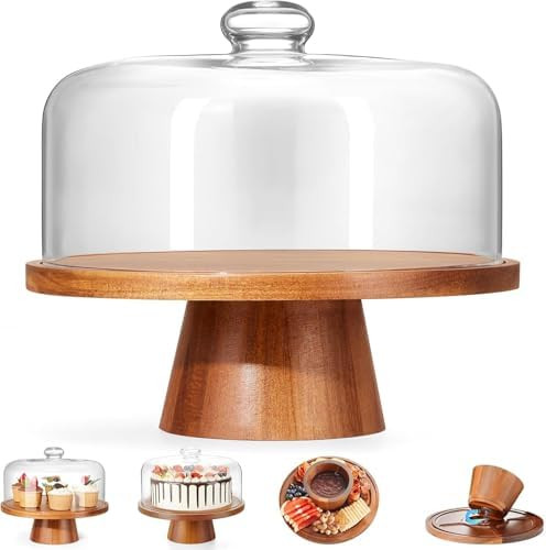 Wooden Cake Stand with Lid, Acacia Cake Stand with Glass Dome, 11-Inch Versatile Dessert Stand wi... | Amazon (US)