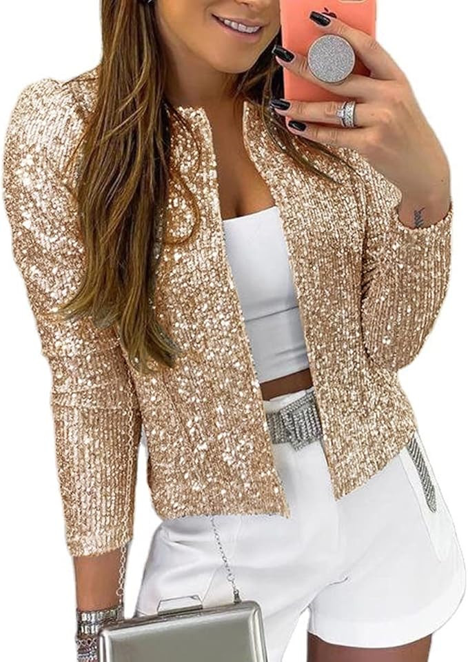 KIRJAUDU Women Open Front Sequin Jacket Puff Long Sleeve Short Blazer Casual Coat | Amazon (US)