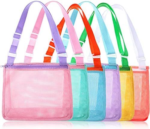 6 Pieces Kids Shell Bags Beach Toy Mesh Bag Shell Tote Bag Colorful Beach Net Bag with Adjustable... | Amazon (US)