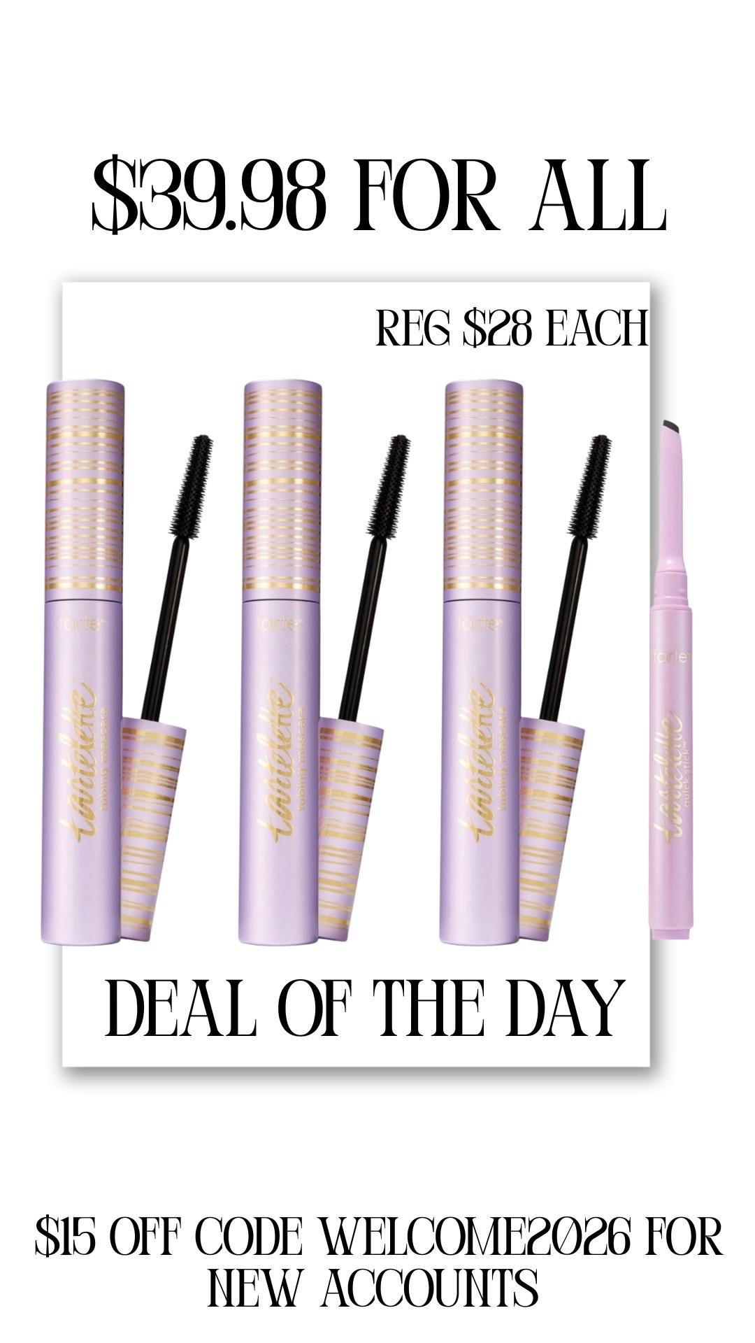 TART is the deal of the day. If you purchased, the mascara said there is a bonus offer with a lash curler and mascara that drops in price to $32 if you make the original deal of the day purchase.

#LTKSaleAlert