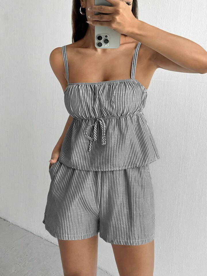 SHEIN EZwear Summer Striped Print Knot Front Cami Top & Shorts | SHEIN