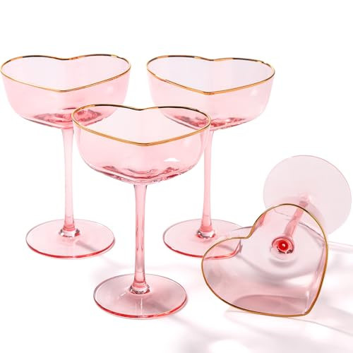 TrophyToast Pink Coupe Glasses Set of 4, Heart-Shaped Martini Glasses with Golden Rim, Fancy Manhattan, Cosmopolitan, Sidecar Cocktail Glassware for Christmas, Wedding, Birthdays - 8oz | Amazon (US)