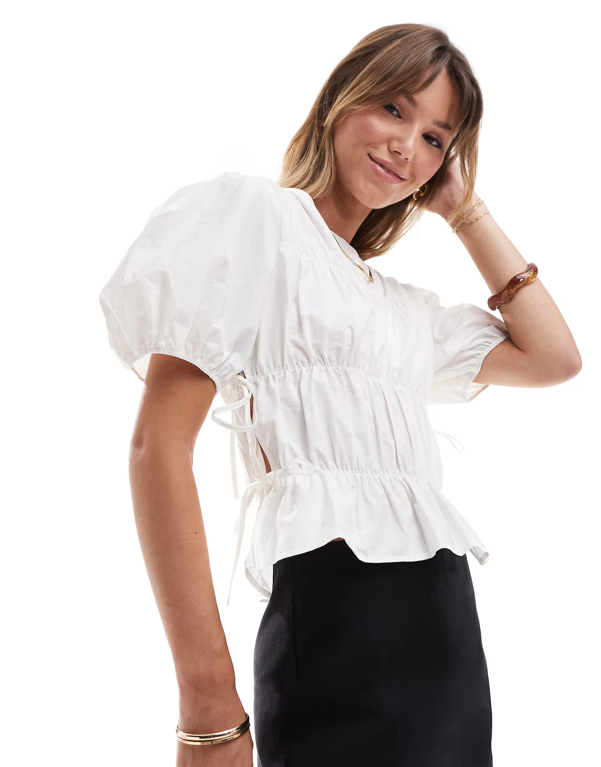 ASOS DESIGN tie side ruched top with puff sleeves in white | ASOS (Global)