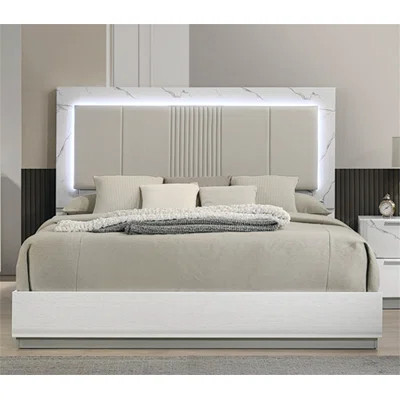 Solid Wood Bed, Queen Bed Frame With Two-Tone High-Gloss Marble & Lacquer Finished And LED Lighting, Padded Headboard, Box Spring Required | Wayfair North America