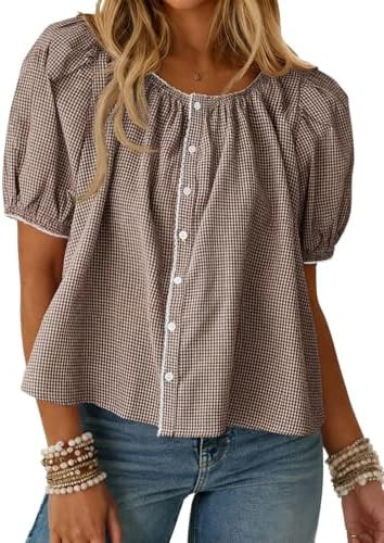 Tankaneo Womens Puff Sleeve Gingham Blouse Plaid Crew Neck Cute Tops | Casual Button Down Blouse,... | Amazon (US)