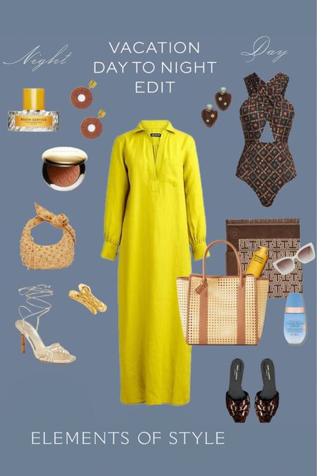 I saw this chartreuse tunic dress on J.Crew and it sort of inspired this whole modern caftan look- both day and night. I also ordered it and the bathing suit too. To the pool or beach- a great long coverup you can throw on to grab lunch, but at night with the right shoes and accessories, a chic island look as well.

#LTKstyletip