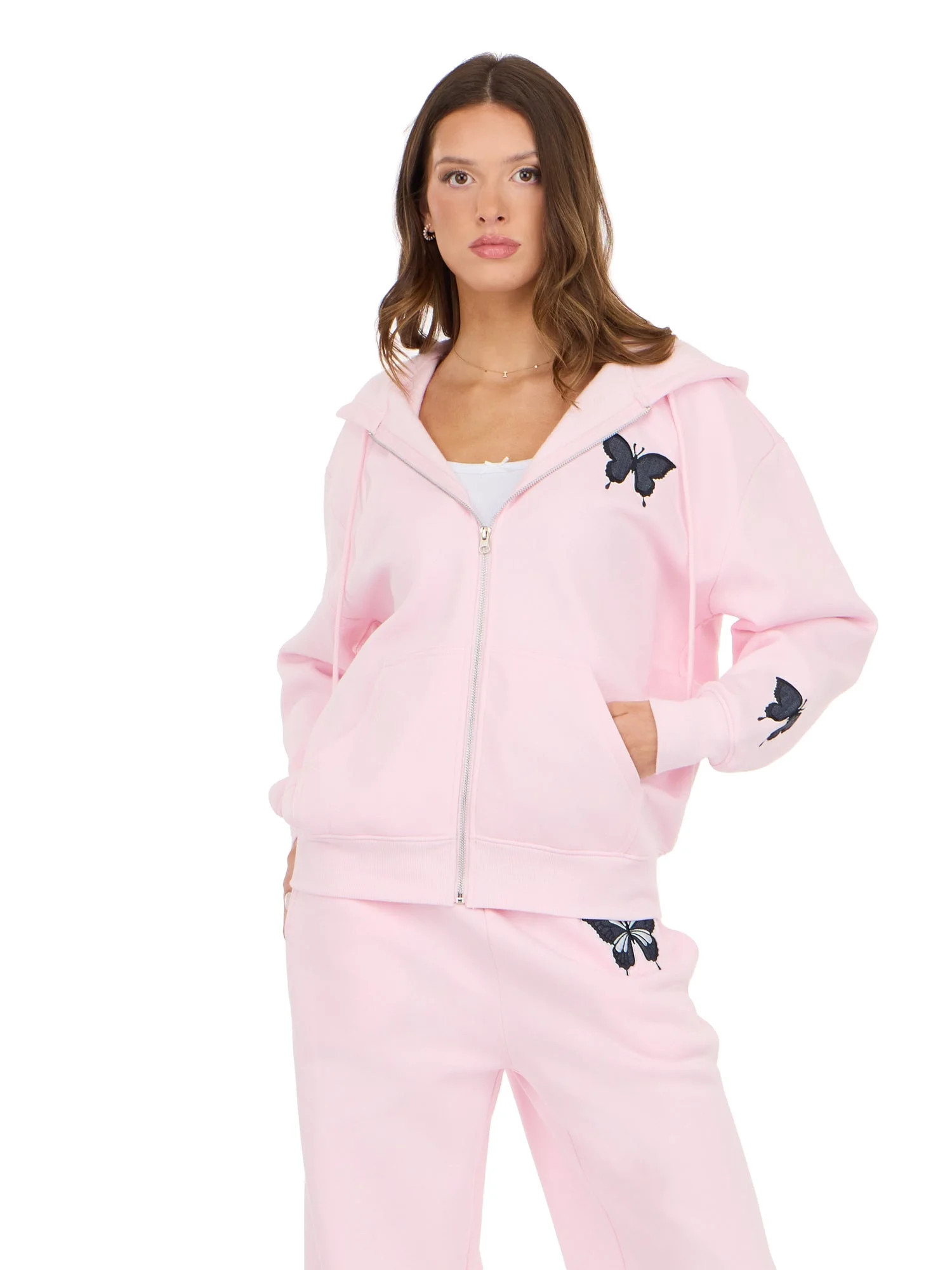 Forever 21 Women’s Zip Up Hoodie with Floral Patches, Relaxed Fit Hooded Sweatshirt with Front ... | Walmart (US)