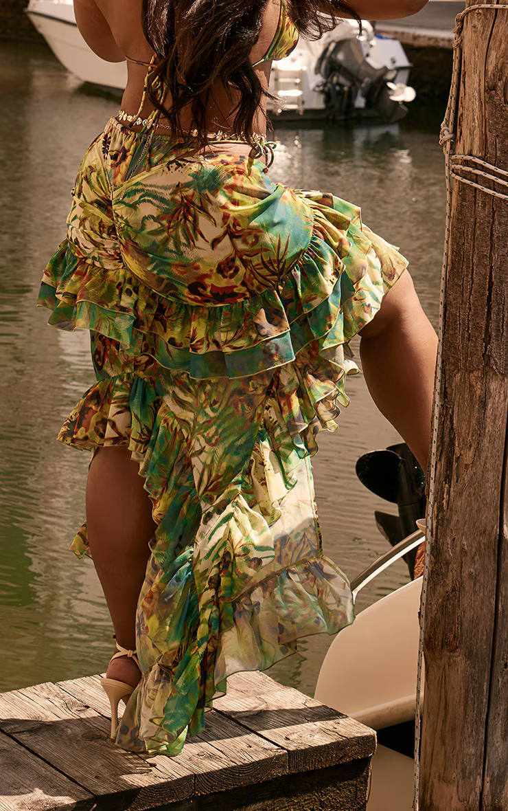 Plus Green Tropical Chiffon Frill Maxi Skirt | PrettyLittleThing US