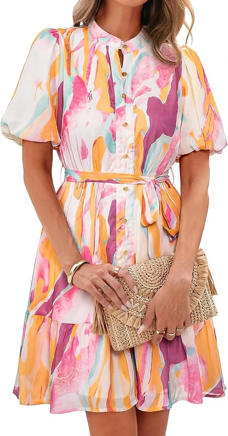 Simplee Womens Floral Short Summer Dresses Casual V Neck Button Down A-Line Tiered Ruffle Boho Mi... | Amazon (US)