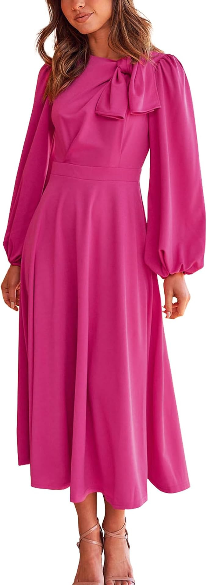 BTFBM Women's 2023 Formal Maxi Dress Puff Long Sleeve Crewneck Bow Tie A-Line Long Flowy Wedding ... | Amazon (US)