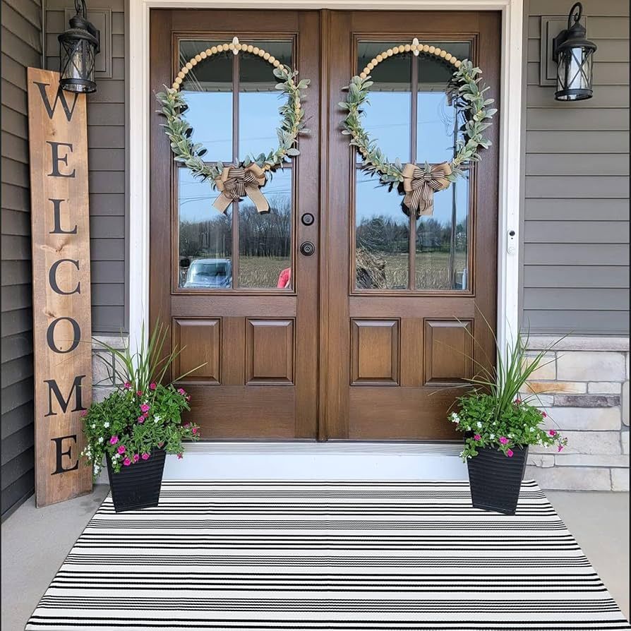 Black and White Striped Outdoor Rug Front Porch Rug 35.4''x59'' Cotton Hand-Woven Welcome Mats La... | Amazon (US)