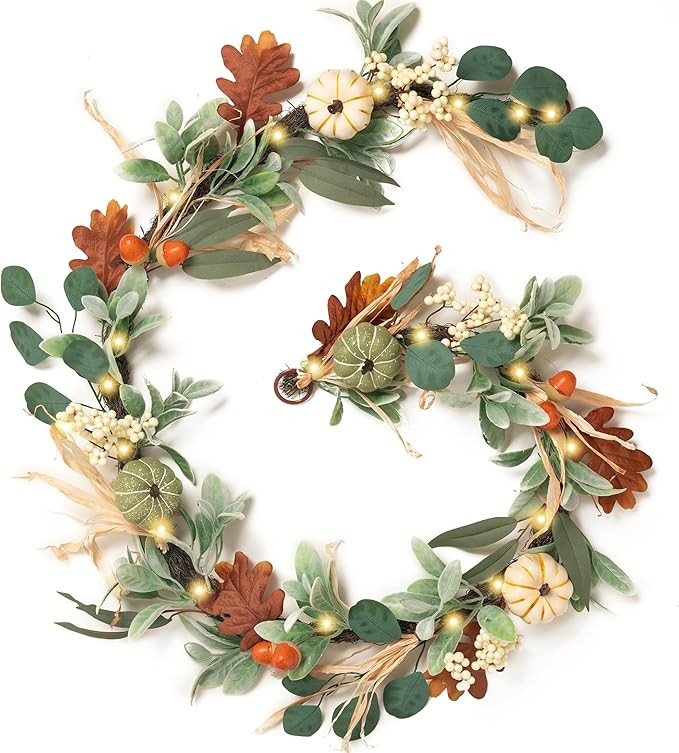 Valery Madelyn Fall Garland for Mantle, 6ft Lambs Ear Leaves Garland with Lights White Pumpkins T... | Amazon (US)