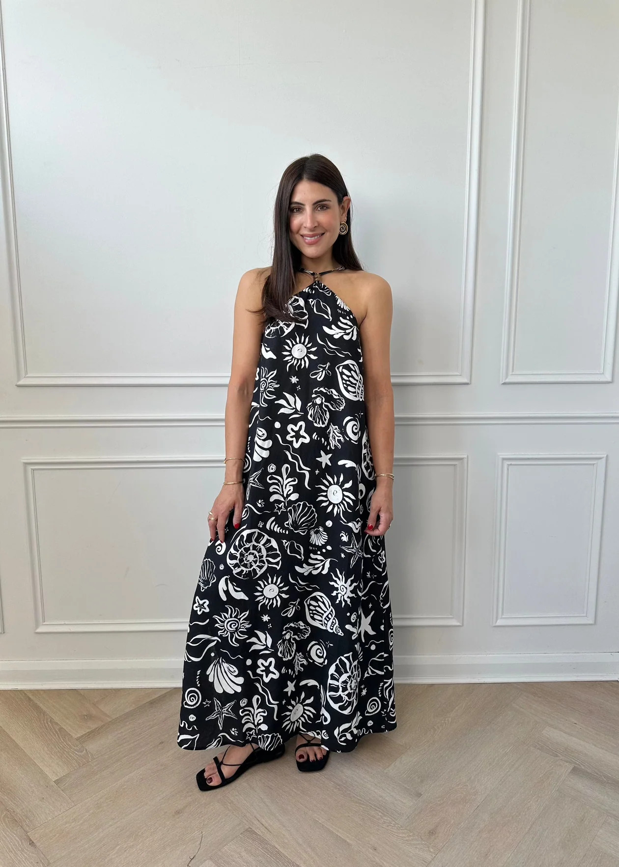 HALTER SHELL PRINT DRESS - BLACK | WAT The Brand
