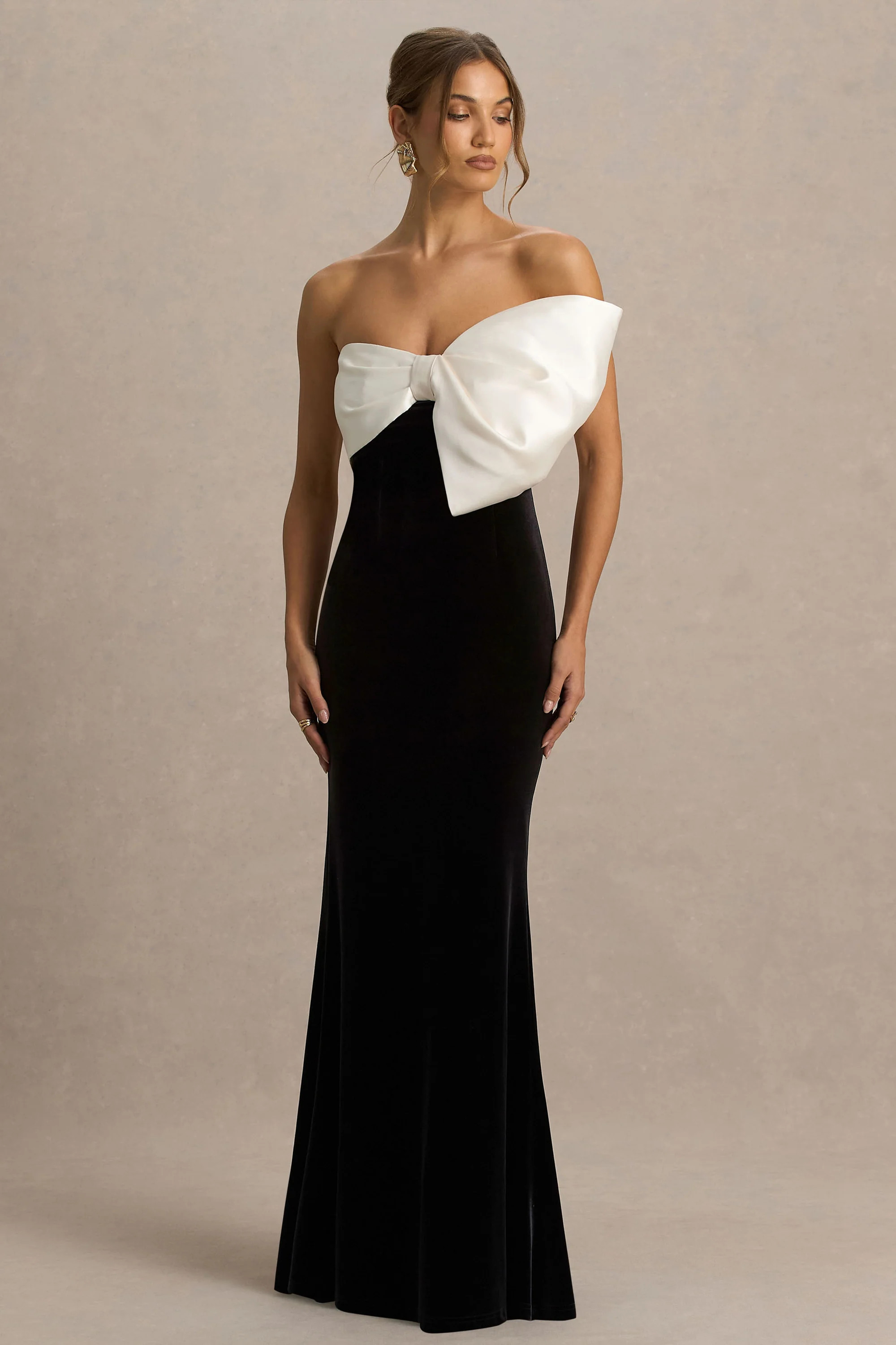 Divulge  Black And White Velvet Asymmetric-Neck Maxi Dress With Bow Detail | Club L London