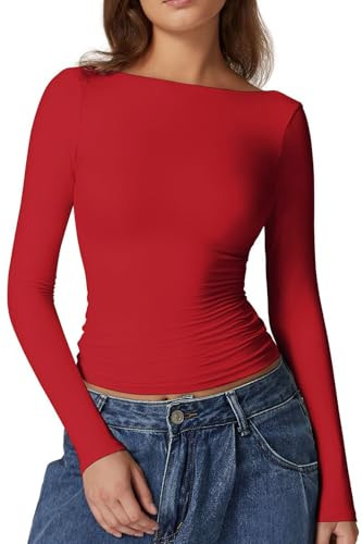 QINSEN Backless Double Lined Shirts for Women High Neck Slim Fit Tops 2025 Stylish Stretch Going Out Tops Red S | Amazon (US)