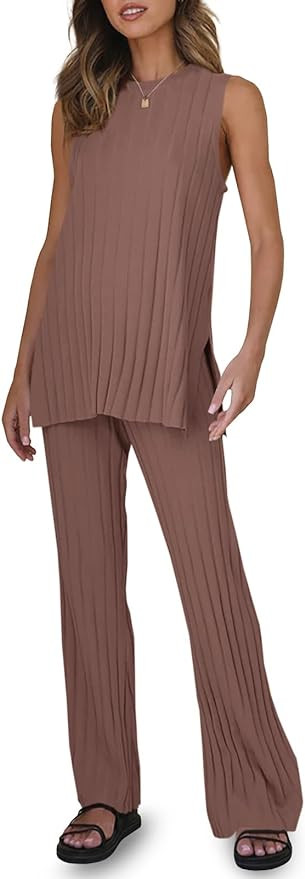 Tankaneo Two Pieces Outfits Sleeveless Top Knit Sets Trendy Lounge Long Pajamas Set | Amazon (US)