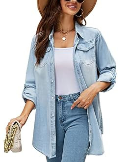 Kedera Women's Button Down Jean Shirt Casual Long Sleeve Classic Denim Blouse Relaxed Fit Chambra... | Amazon (US)