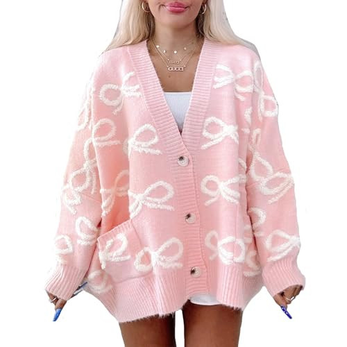 Womens Oversized Cardigan Sweaters Bow Hearth Printed Button Down Y2k V Neck Valentines Loose Long Sleeve Knit Coat Preppy Aesthetic Fall Trendy Top Pink | Amazon (US)