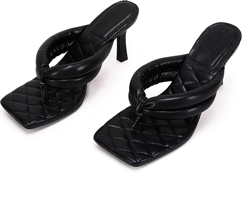 Women's Square Open Toe Heeled Sandals Quilted Woven Leather Thong Flip Flops Slip On Low Kitten Hee | Amazon (US)