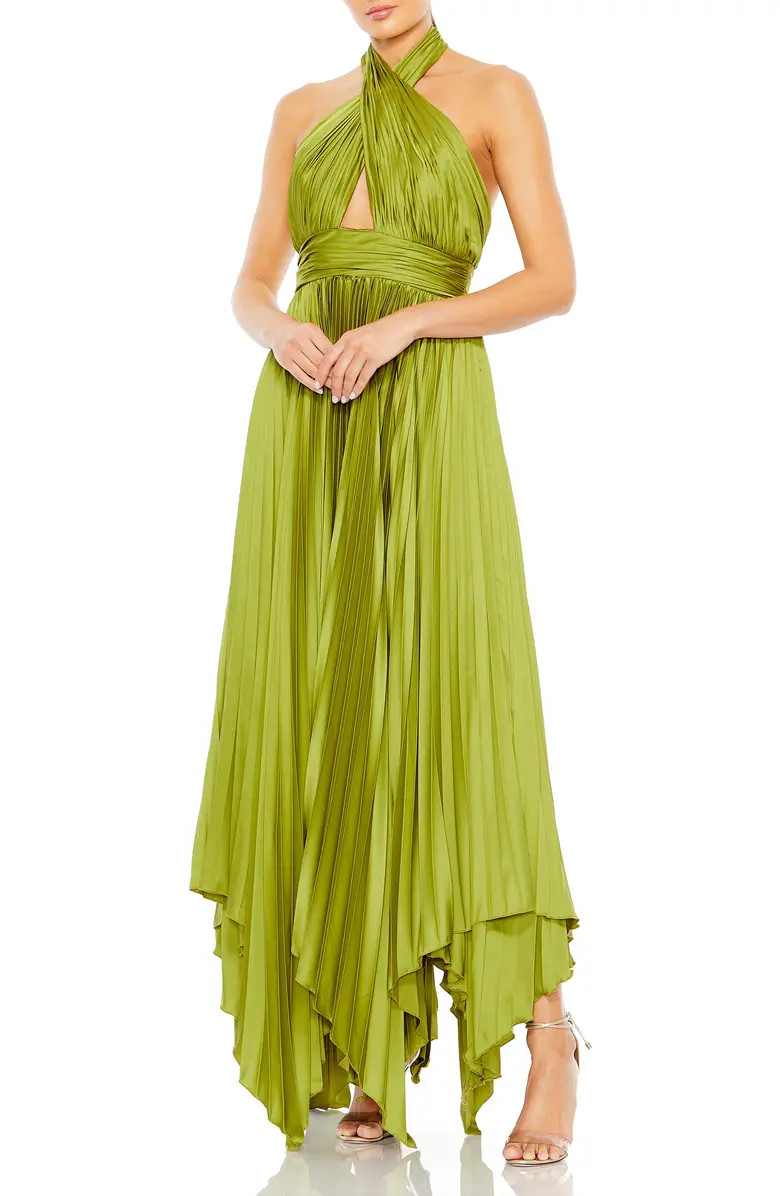 Mac Duggal Crisscross Halter Neck Accordion Pleat Handkerchief Gown | Nordstrom | Nordstrom
